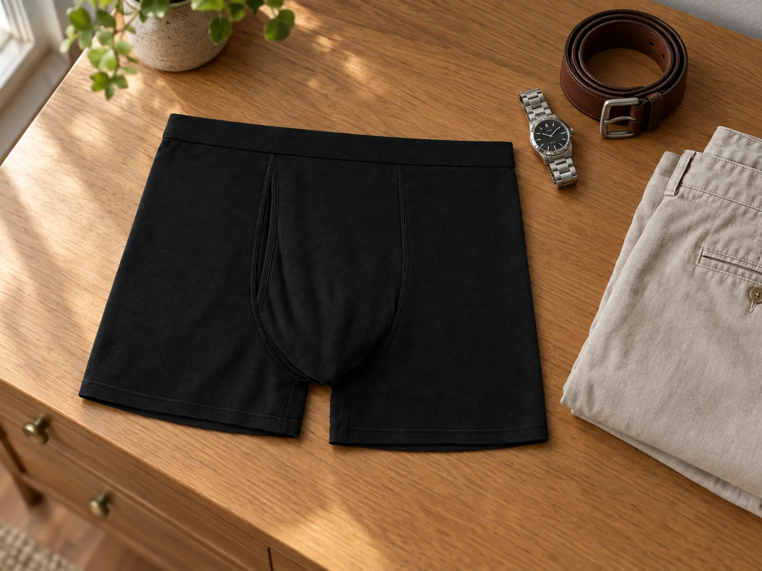 A black Norvane Dry cotton boxer brief laid flat beside folded chinos and a leather belt