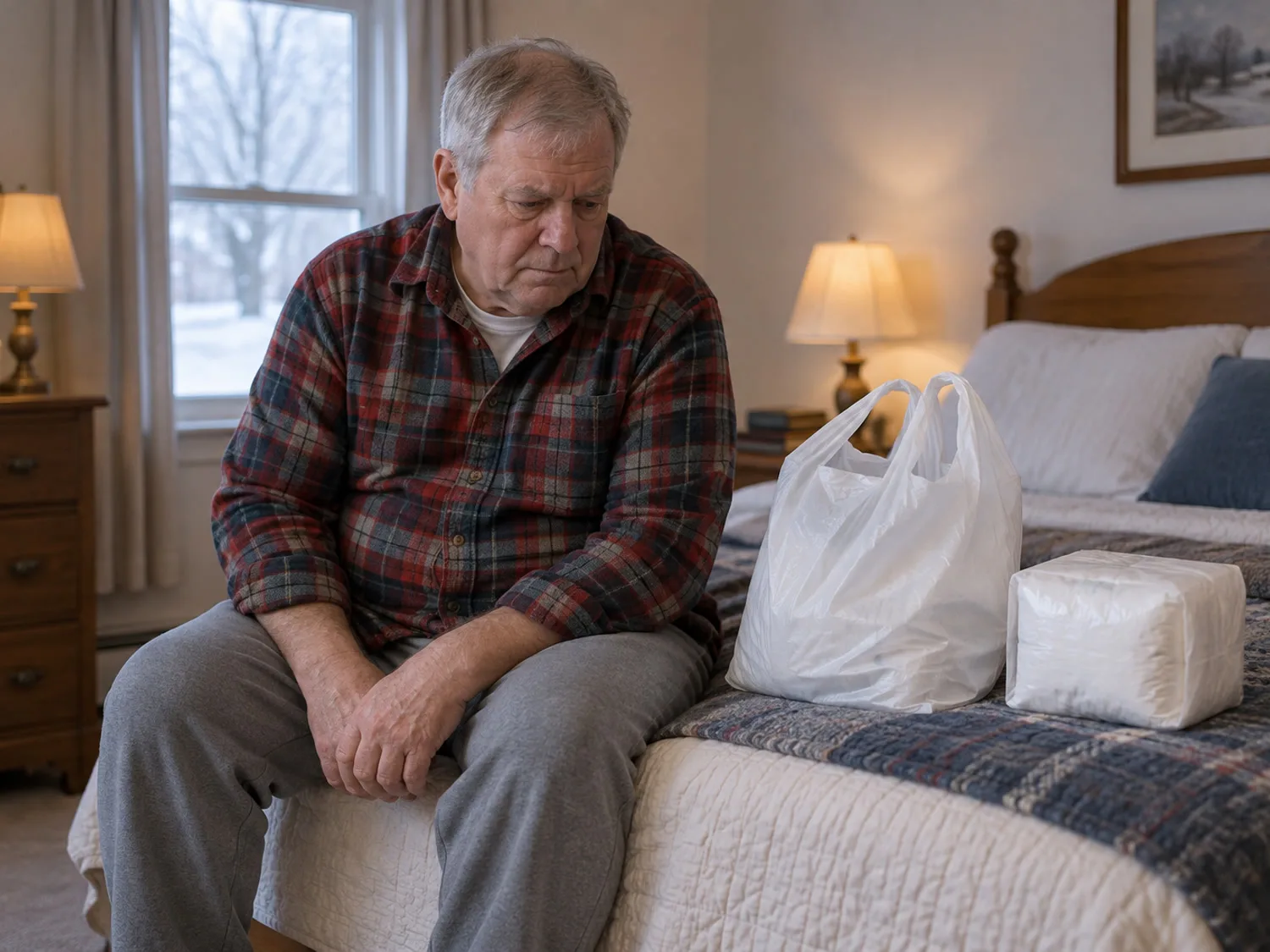 A man in his late sixties sitting on the edge of his bed at home, a plain package of adult briefs from the hospital beside him