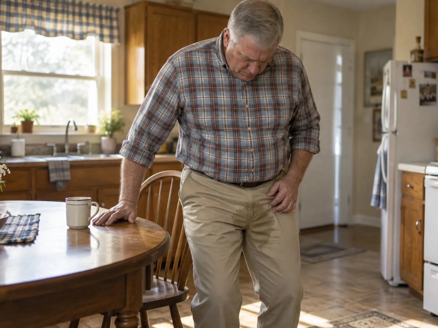 An older man rising from a kitchen chair, one hand flat on the table, looking down at the front of his khaki trousers