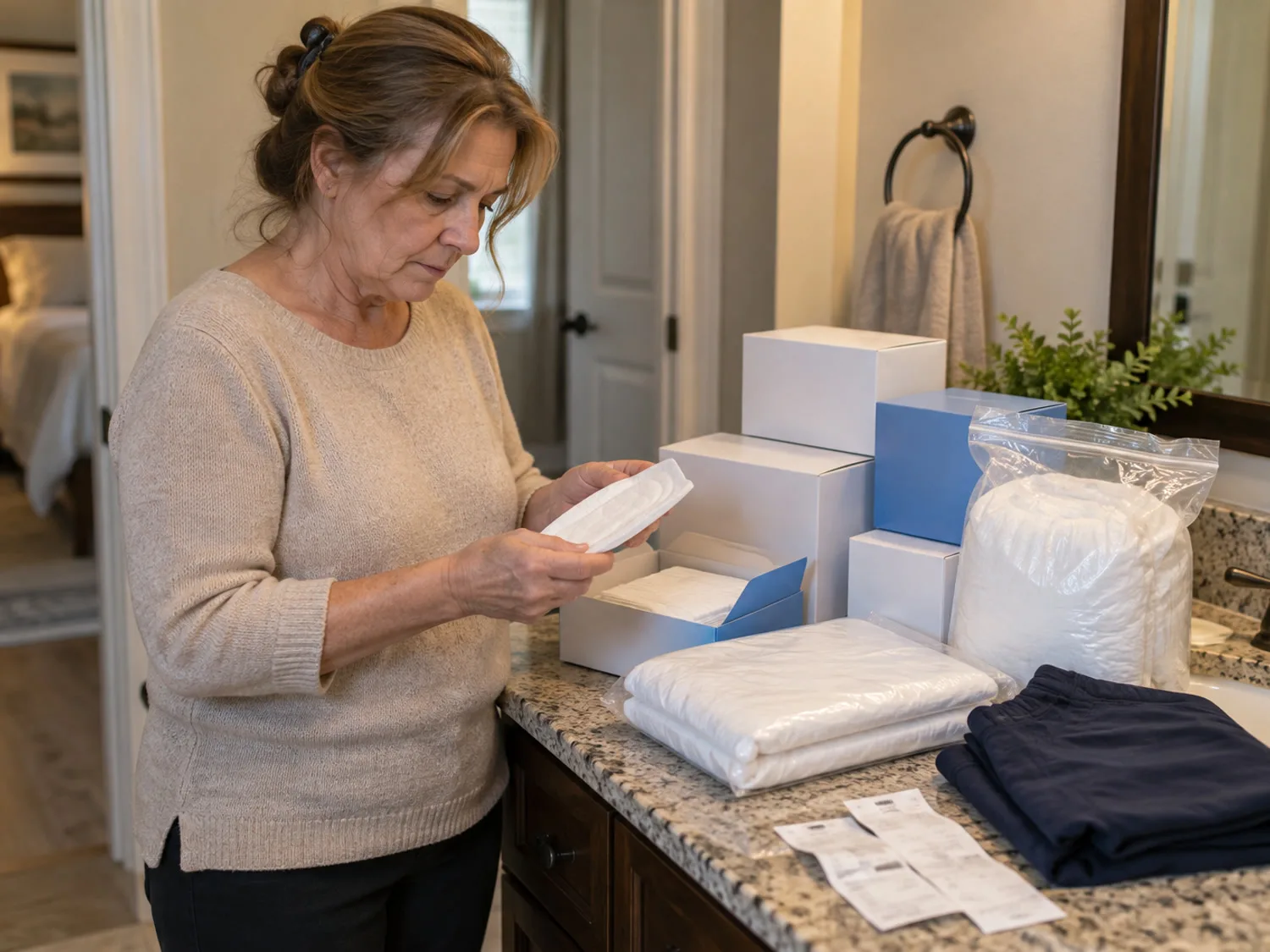 A wife reading a receipt beside a bathroom counter covered with plain boxes of pads, a bag of adult briefs, a mattress protector and navy trousers