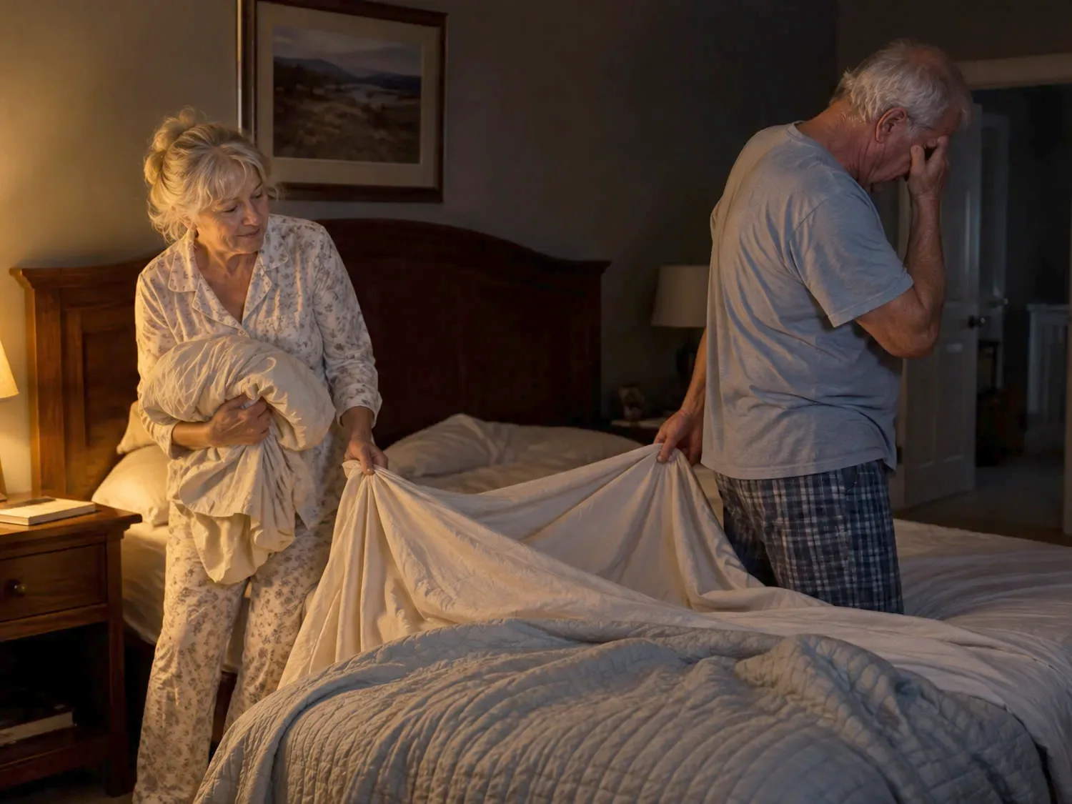 An older couple stripping the sheets off their bed in the middle of the night under a single bedside lamp