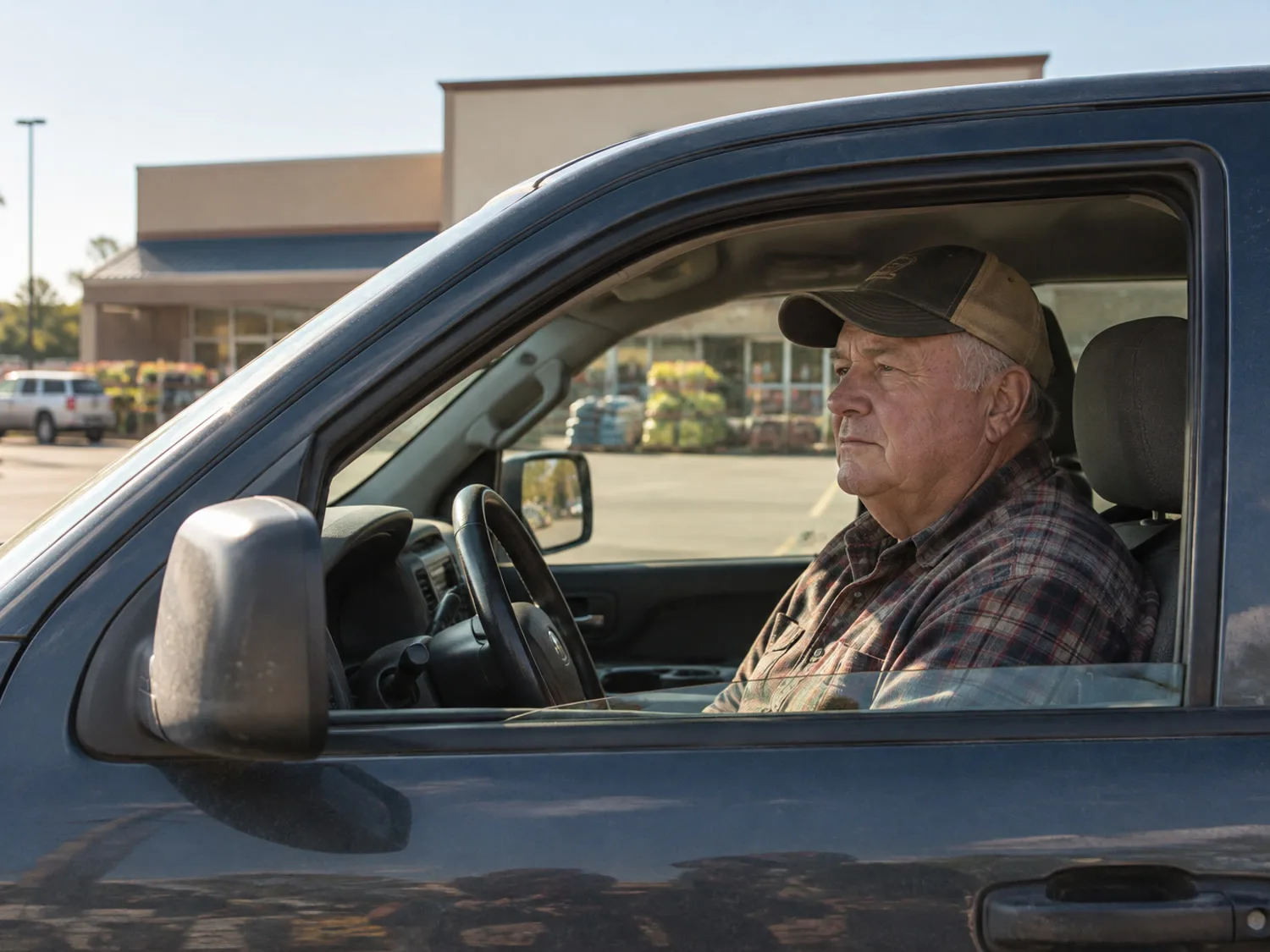 An older man sitting alone in his pickup truck in a hardware store parking lot, engine off, not getting out