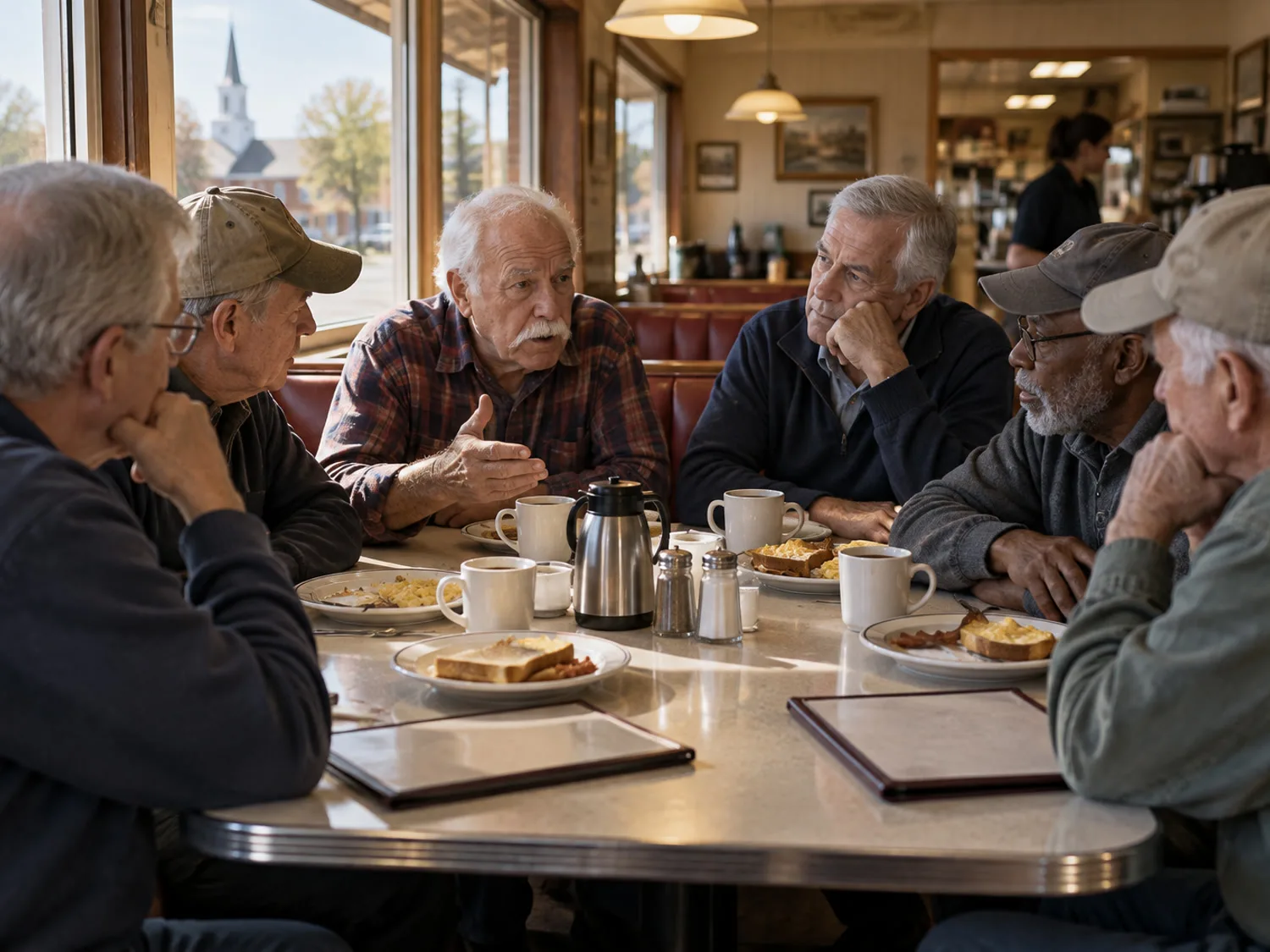 Six retired men in their sixties and seventies around a diner table with coffee cups and breakfast plates