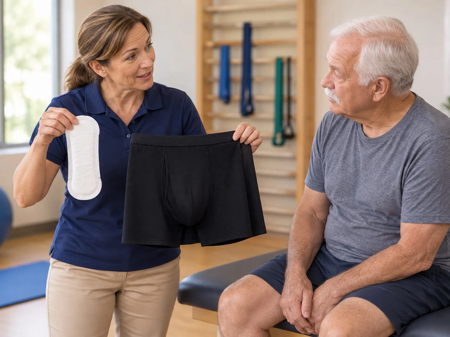 A woman in her fifties in a physical therapy room holding up a disposable pad next to a pair of boxer briefs while an older man listens