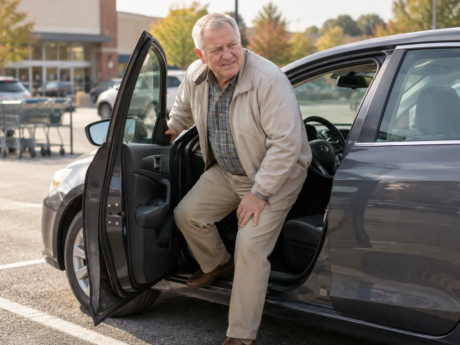 An older man in khaki trousers climbing out of the driver's seat of a car in a parking lot, one hand on the door frame