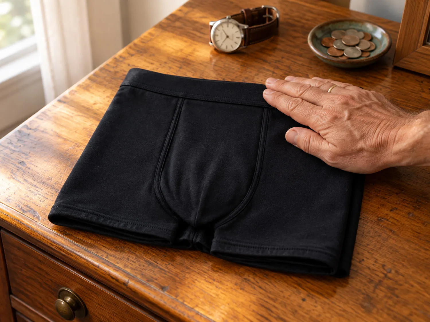 A pair of black cotton boxer briefs folded on a wooden dresser, an older man's hand smoothing the waistband