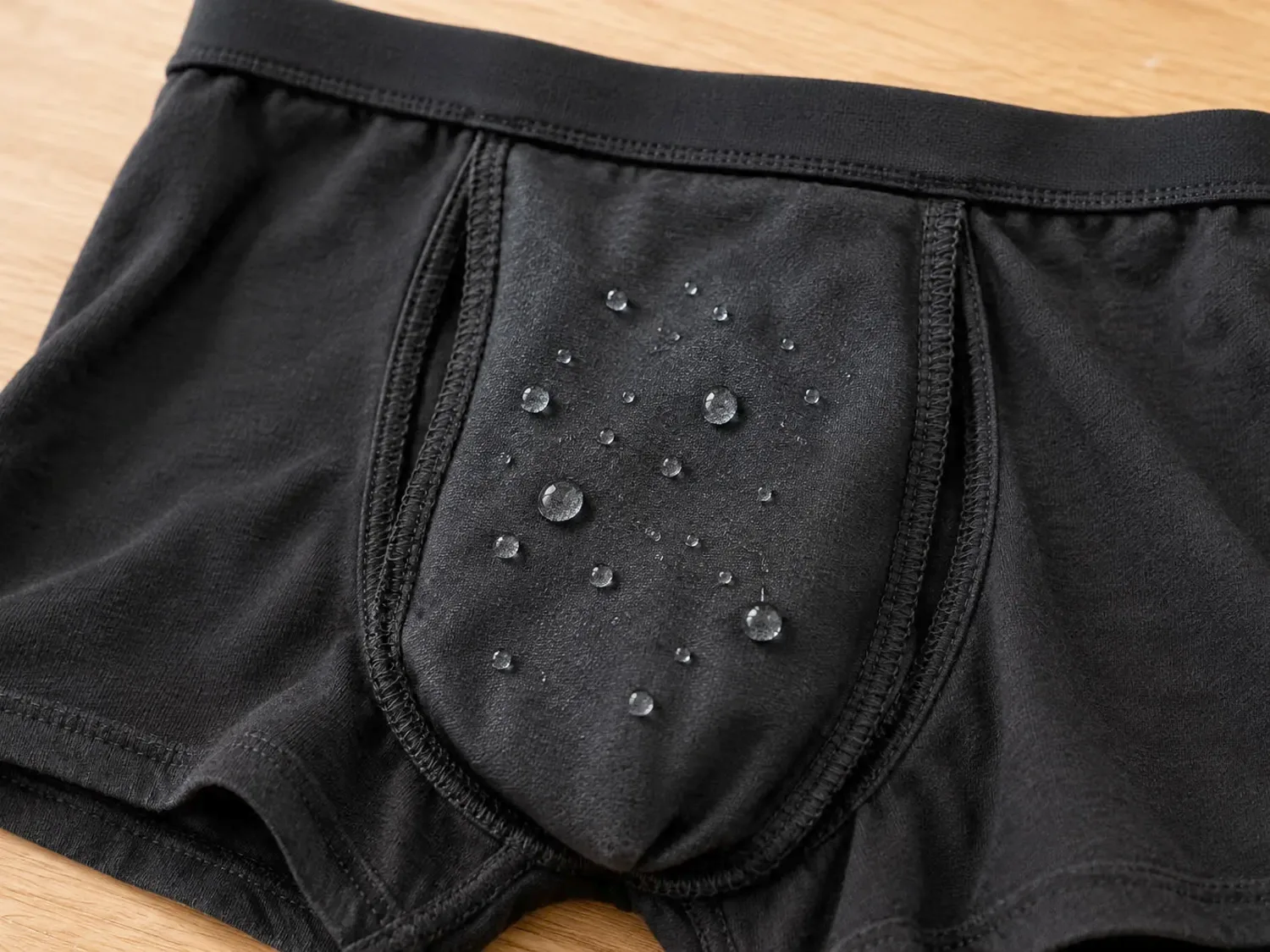 Close-up of the front panel of a black boxer brief with water drops beading on the fabric