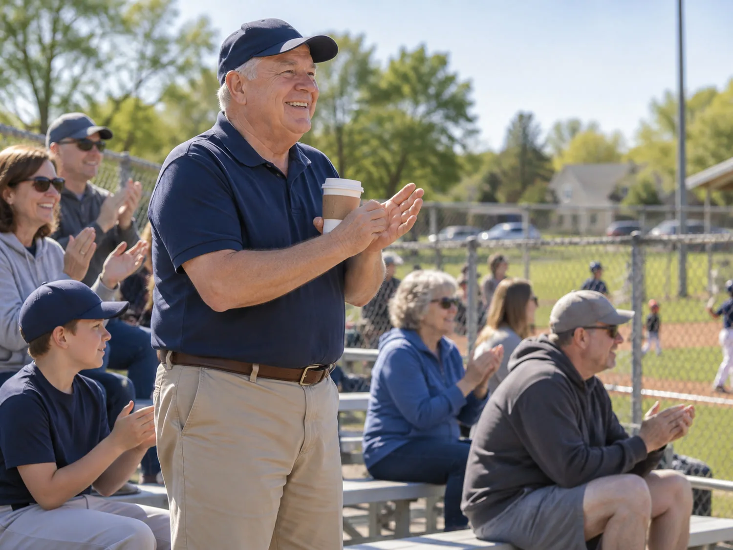 A relaxed older man in khaki trousers standing and cheering on metal bleachers at a youth baseball game