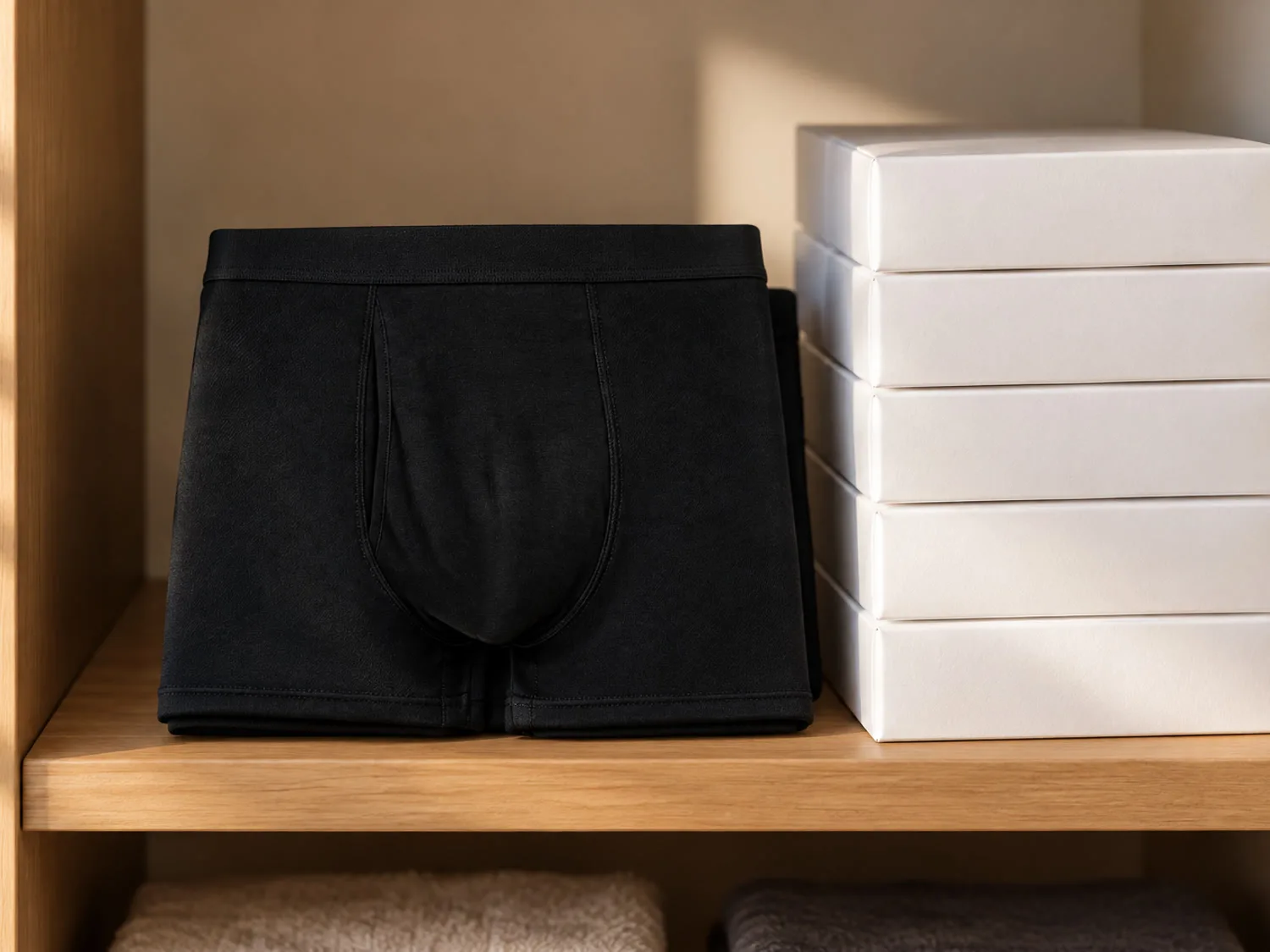 A folded black boxer brief resting beside a tall stack of plain boxes of disposable pads on a closet shelf