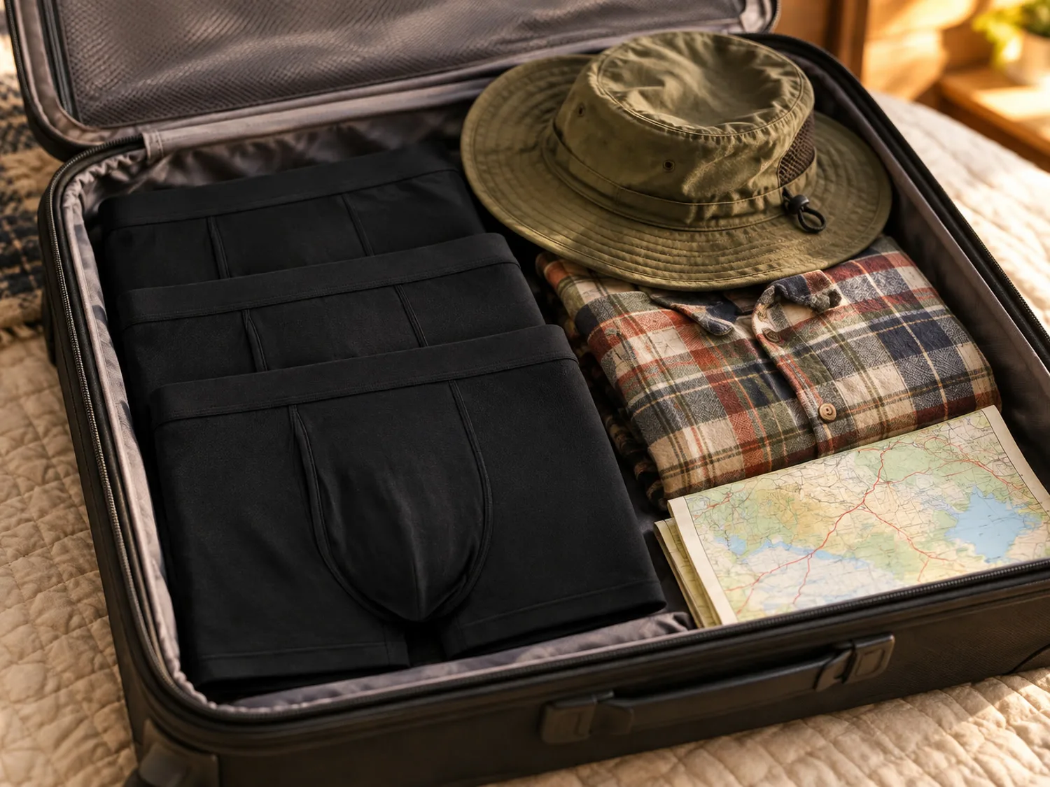 An open suitcase on a bed with folded black boxer briefs packed beside a fishing hat and a road map