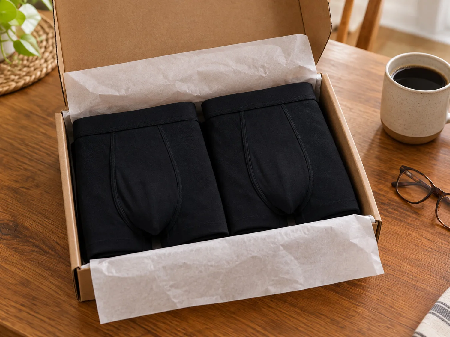 A plain unmarked cardboard package opened on a kitchen table, folded black boxer briefs inside