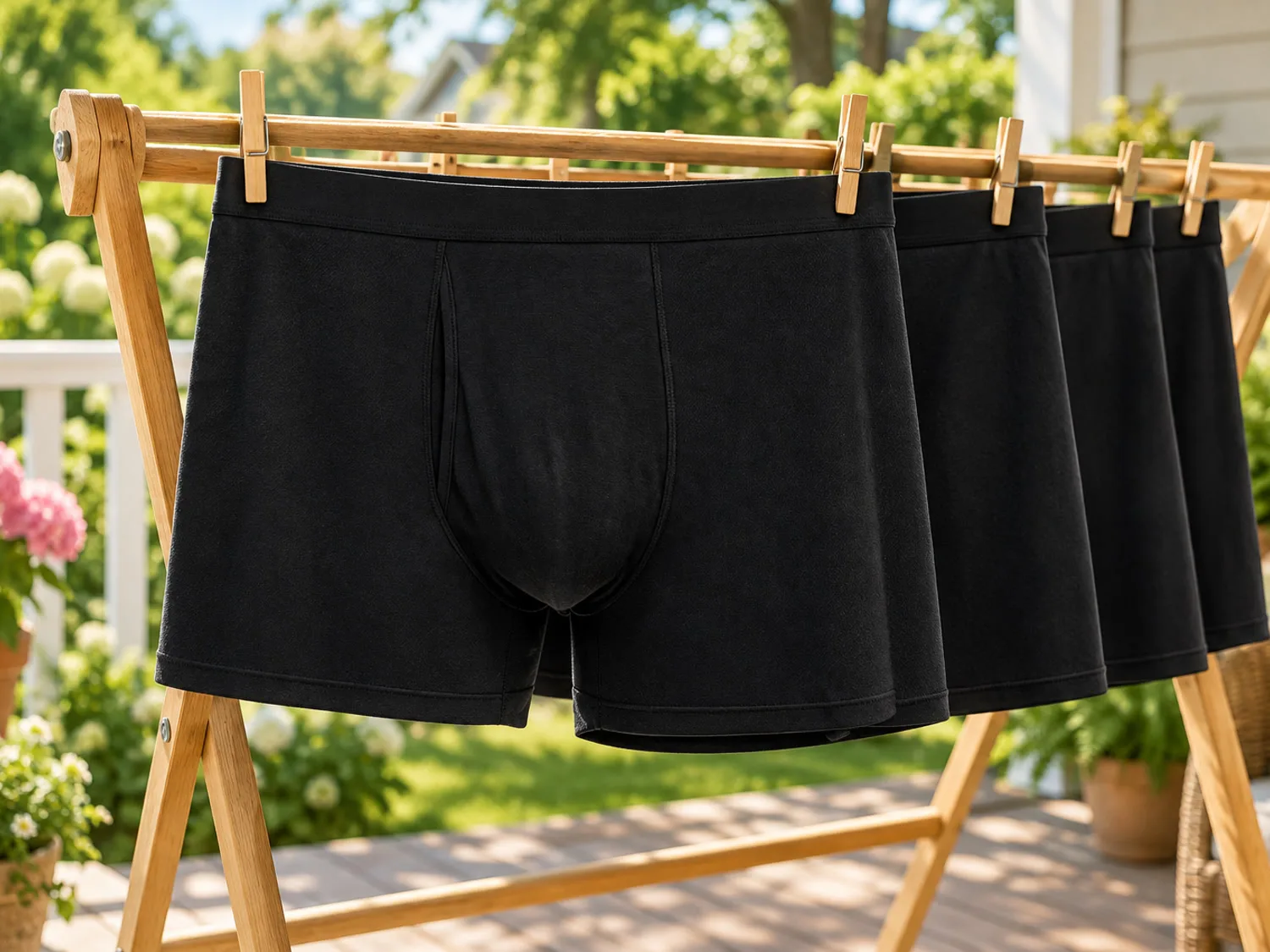 Several pairs of black boxer briefs hanging to dry on a wooden drying rack on a sunny back porch