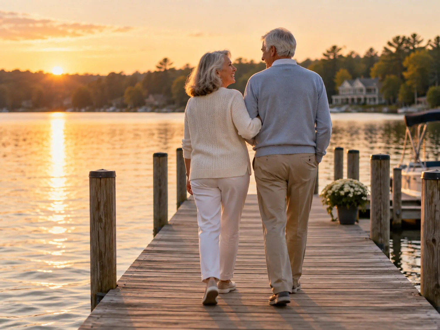 An older couple walking arm in arm along a lakeside pier at golden hour