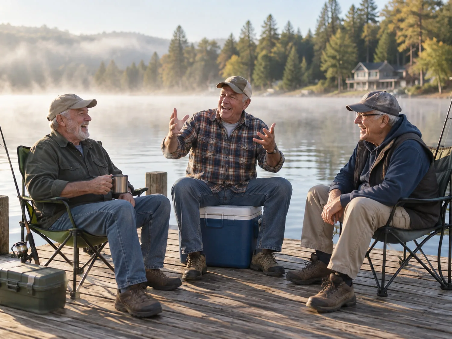 Three older men laughing together on a wooden fishing dock with rods and a cooler