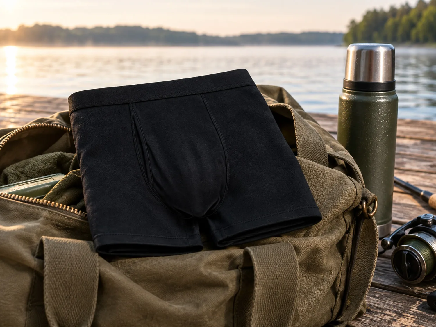 A folded black boxer brief on top of an open duffel bag on a lake dock at sunrise, next to a thermos and a fishing reel
