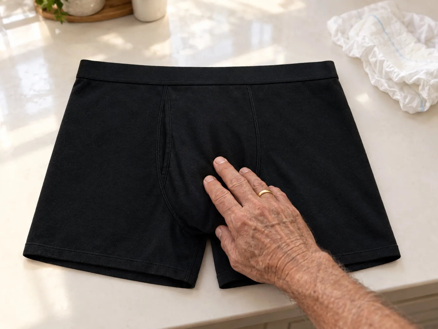 An older man's hand pressing the front of a black cotton boxer brief on a bathroom counter, a crumpled disposable pad pushed aside